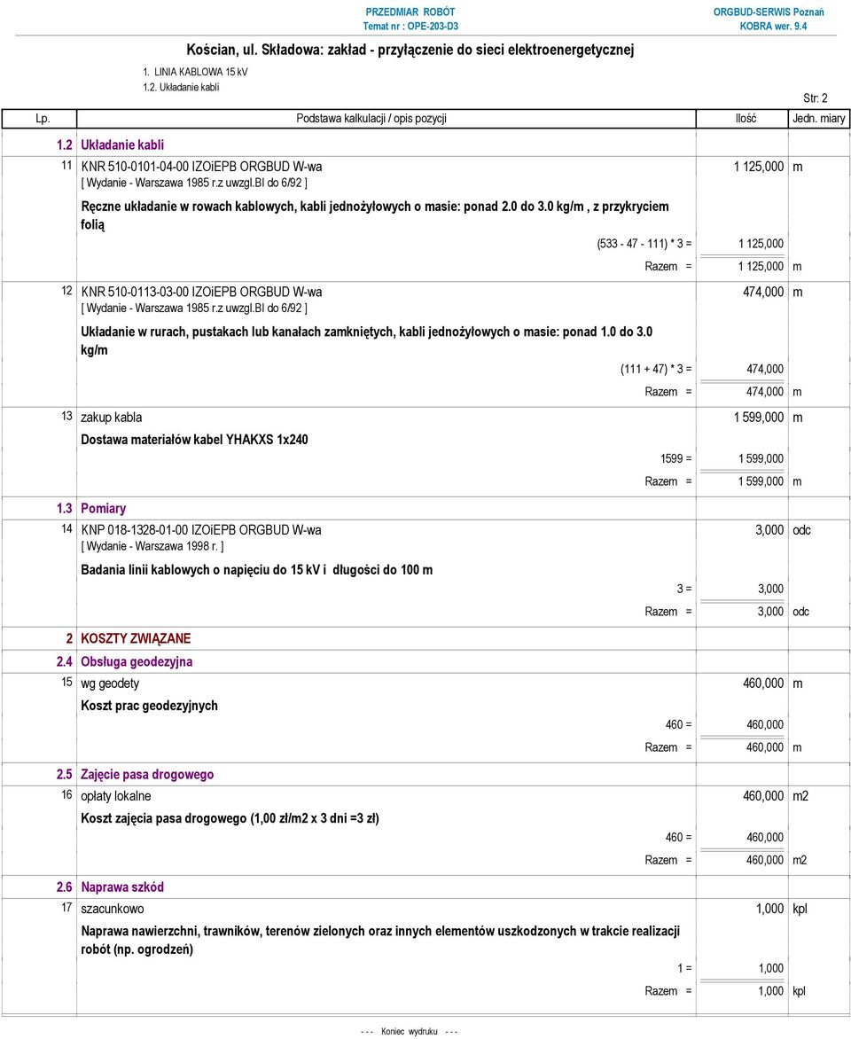 0 kg/m, z przykryciem folią (533-47 - 111) * 3 = 1 125,000 Razem = 1 125,000 m 12 KNR 510-0113-03-00 IZOiEPB ORGBUD W-wa 474,000 m [ Wydanie - Warszawa 1985 r.z uwzgl.