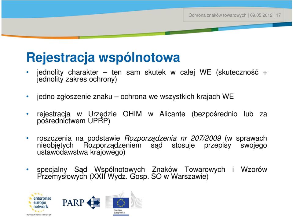 zgłoszenie znaku ochrona we wszystkich krajach WE rejestracja w Urzędzie OHIM w Alicante (bezpośrednio lub za pośrednictwem UPRP) roszczenia