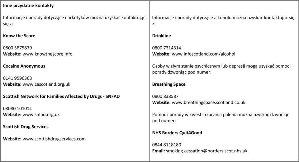 scottishdrugservices.com Informacje i porady dotyczące alkoholu można uzyskać kontaktując się z: Drinkline 0800 7314314 Website: www.infoscotland.