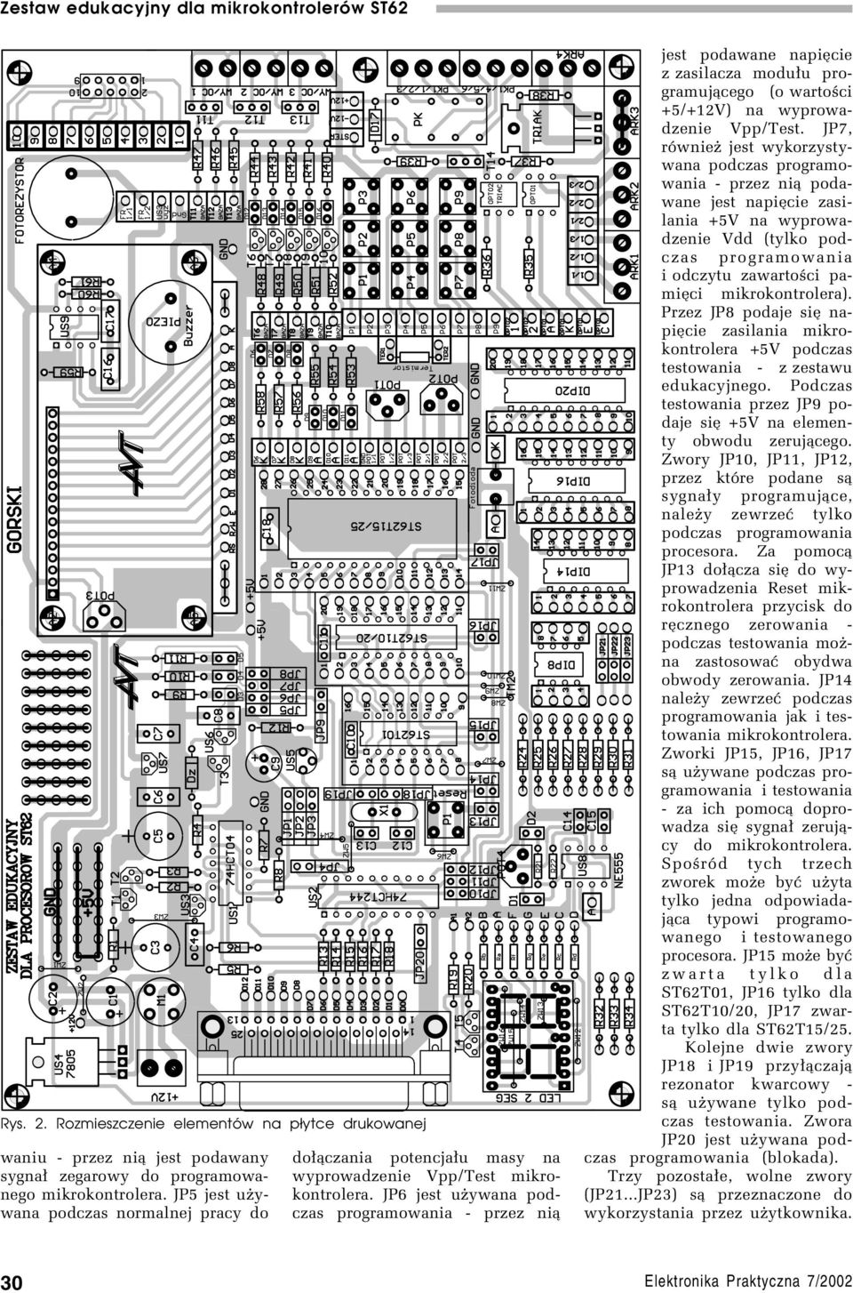 JP6 jest uøywana podczas programowania - przez ni¹ jest podawane napiície z zasilacza modu³u programuj¹cego (o wartoúci +5/+12V) na wyprowadzenie Vpp/Test.