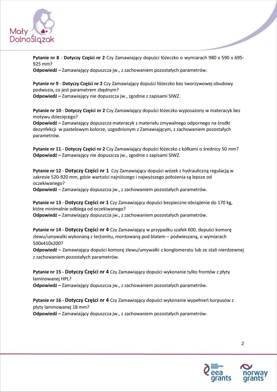 Pytanie nr 10 - Dotyczy Części nr 2 Czy Zamawiający dopuści łóżeczko wyposażony w materacyk bez motywu dziecięcego?