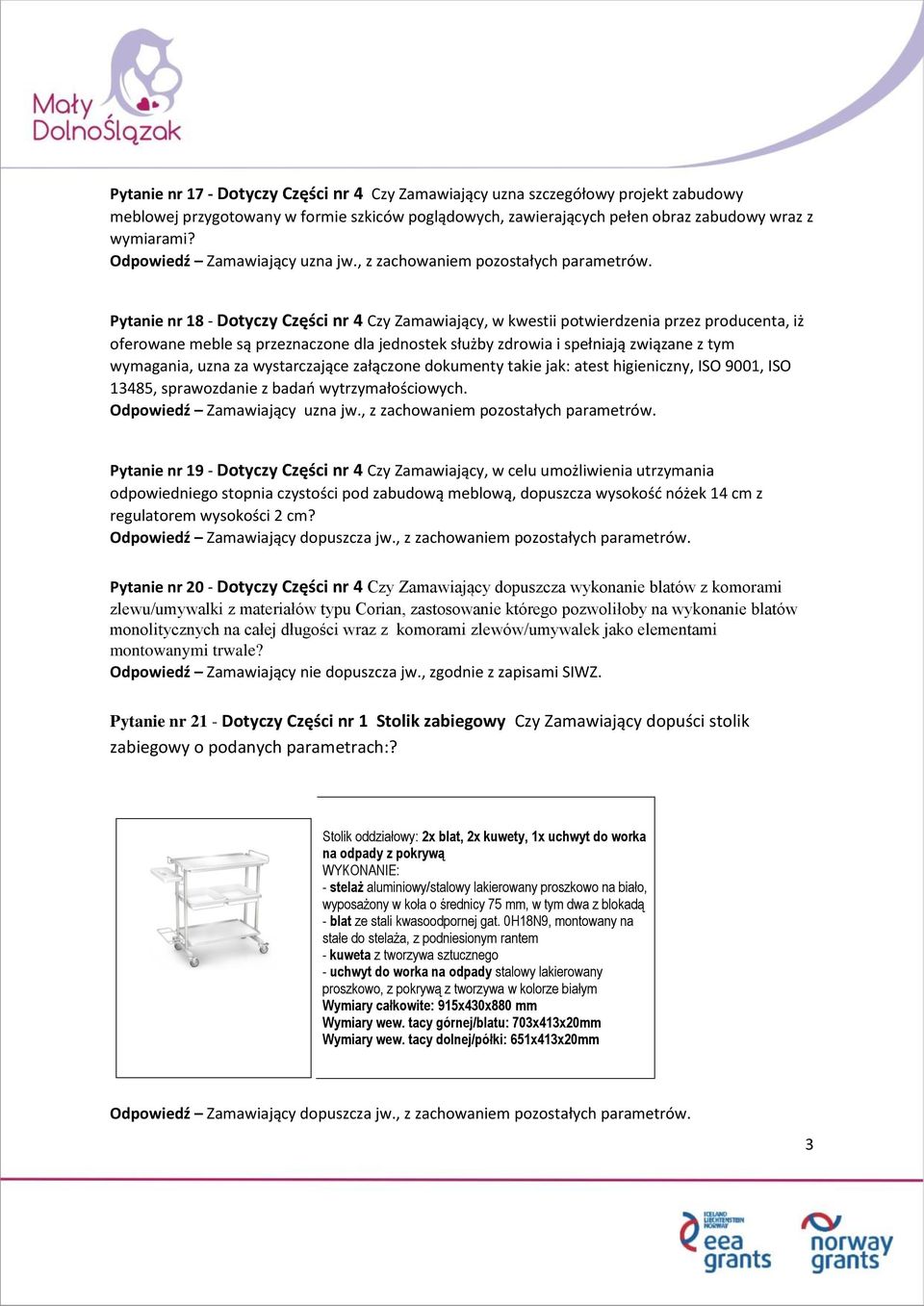 Pytanie nr 18 - Dotyczy Części nr 4 Czy Zamawiający, w kwestii potwierdzenia przez producenta, iż oferowane meble są przeznaczone dla jednostek służby zdrowia i spełniają związane z tym wymagania,