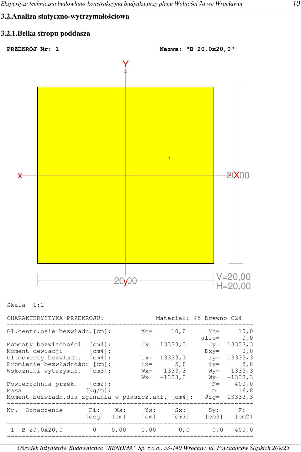 osie bezwłan.[cm]: Xc 0,0 Yc 0,0 alfa 0,0 Momenty bezwłaności [cm4]: Jx 3333,3 Jy 3333,3 Moment ewiacji [cm4]: Dxy 0,0 Gł.momenty bezwłan.