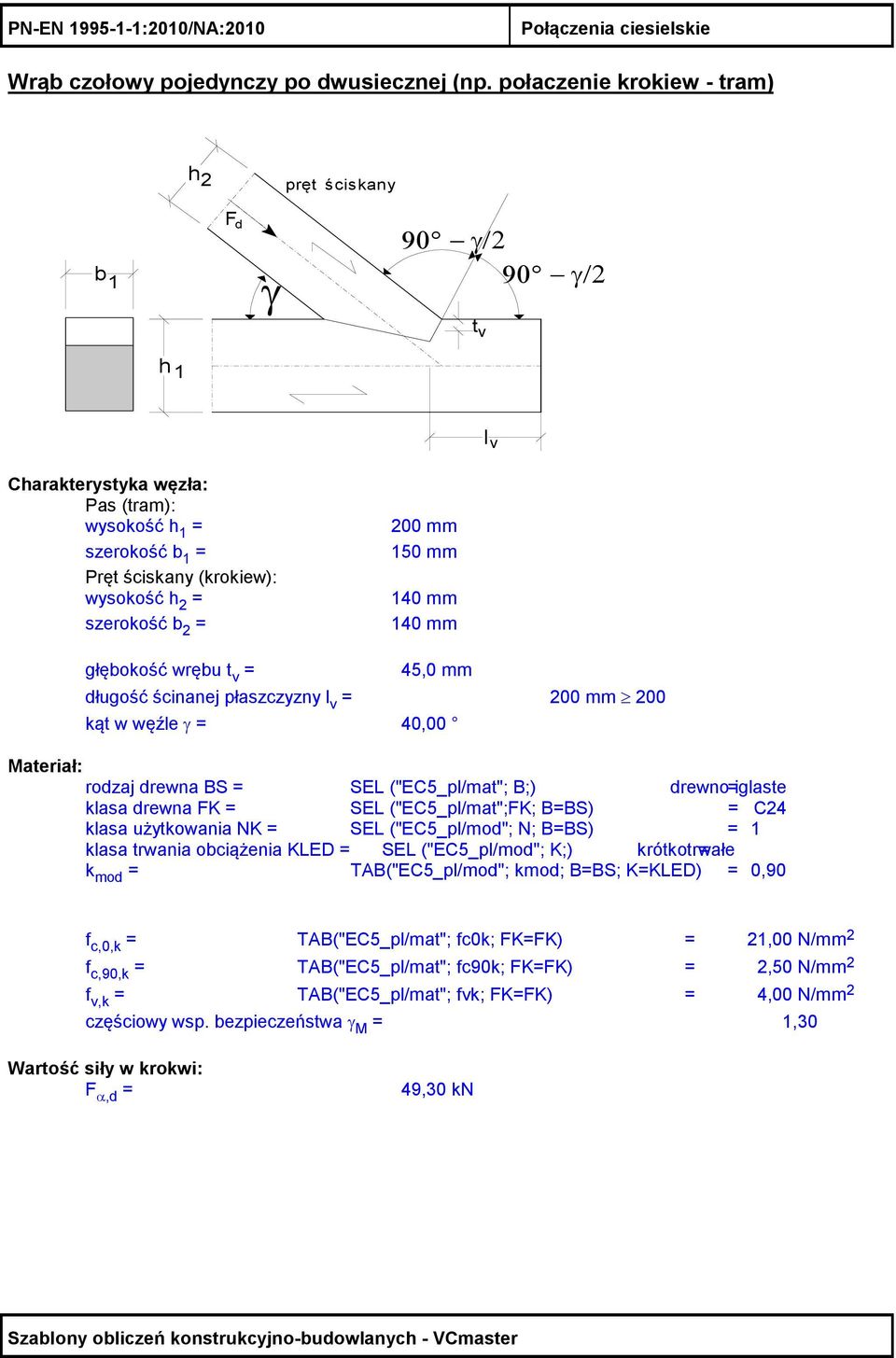 szerokość b = 140 mm głębokość wrębu t v = 45,0 mm długość ścinanej płaszczyzny l v = 00 mm 00 kąt w węźle γ = 40,00 Materiał: rodzaj drewna BS = SEL ("EC5_pl/mat"; B;) drewno = iglaste klasa drewna