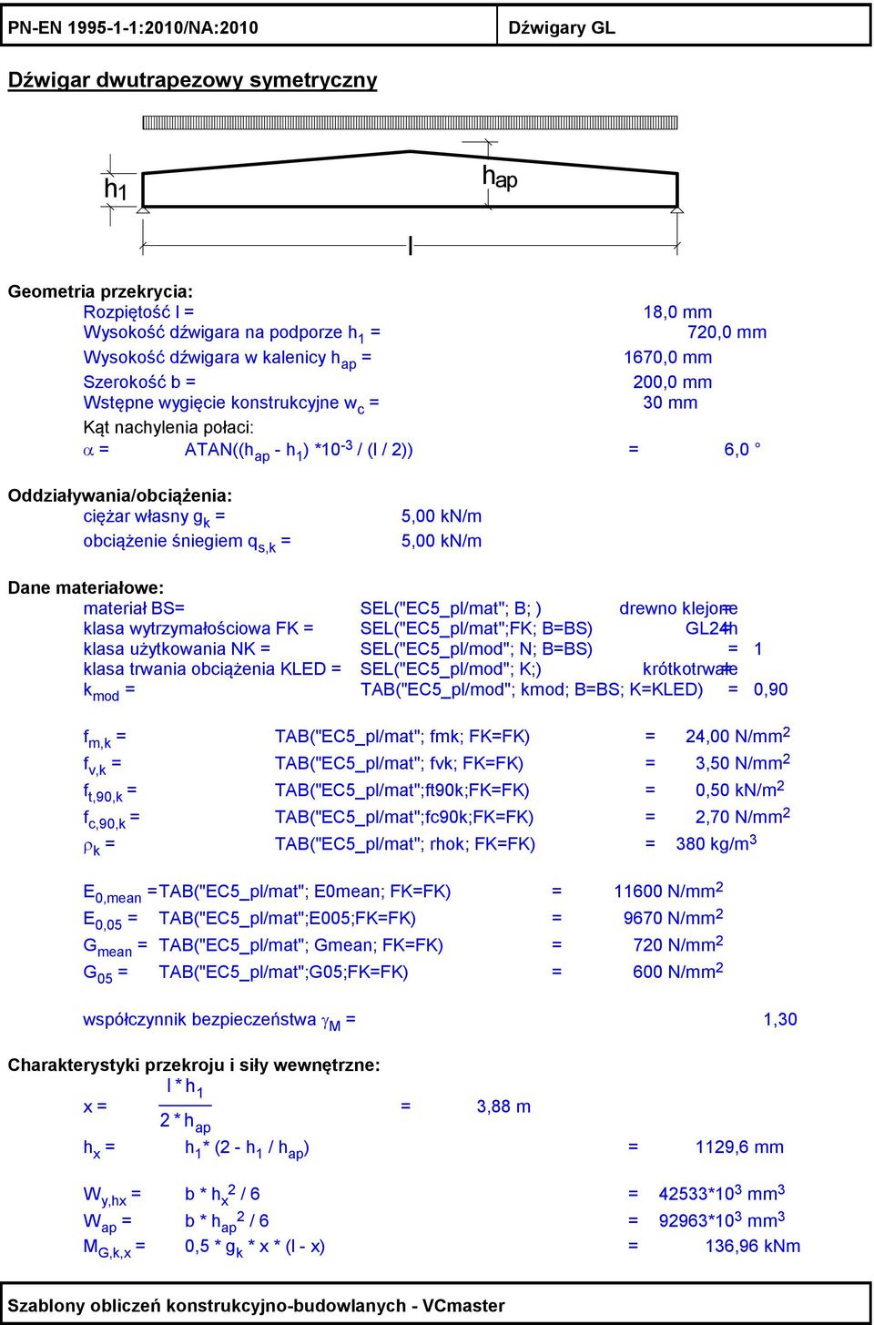 kn/m obciążenie śniegiem q s,k = 5,00 kn/m Dane materiałowe: materiał BS= SEL("EC5_pl/mat"; B; ) drewno klejone = klasa wytrzymałościowa FK = SEL("EC5_pl/mat";FK; B=BS) GL4h = klasa użytkowania NK =