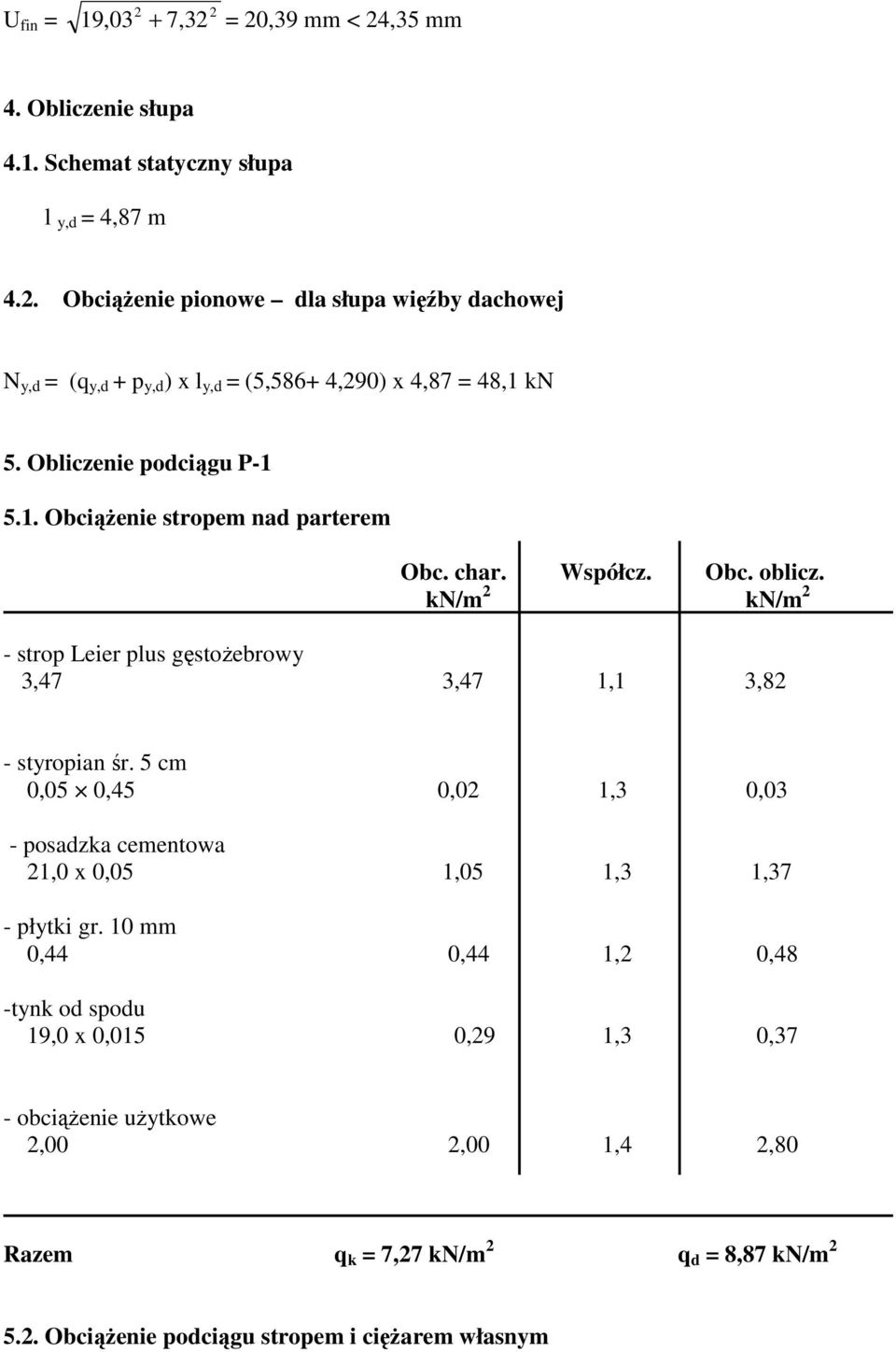 char. Współcz. Obc. oblicz. N/m N/m - strop Leier plus gęstożebrowy,7,7 1,1,8 - styropian śr.