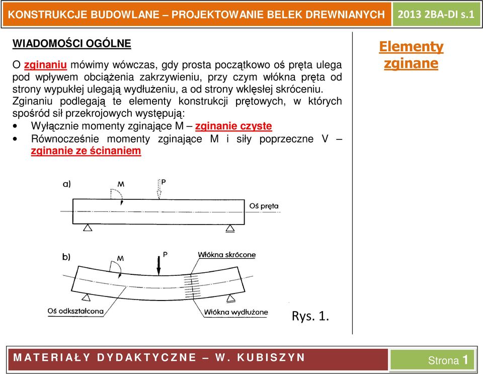 Zginaniu podlegają te elementy konstrukcji prętowych, w których spośród sił przekrojowych występują: Wyłącznie momenty zginające M