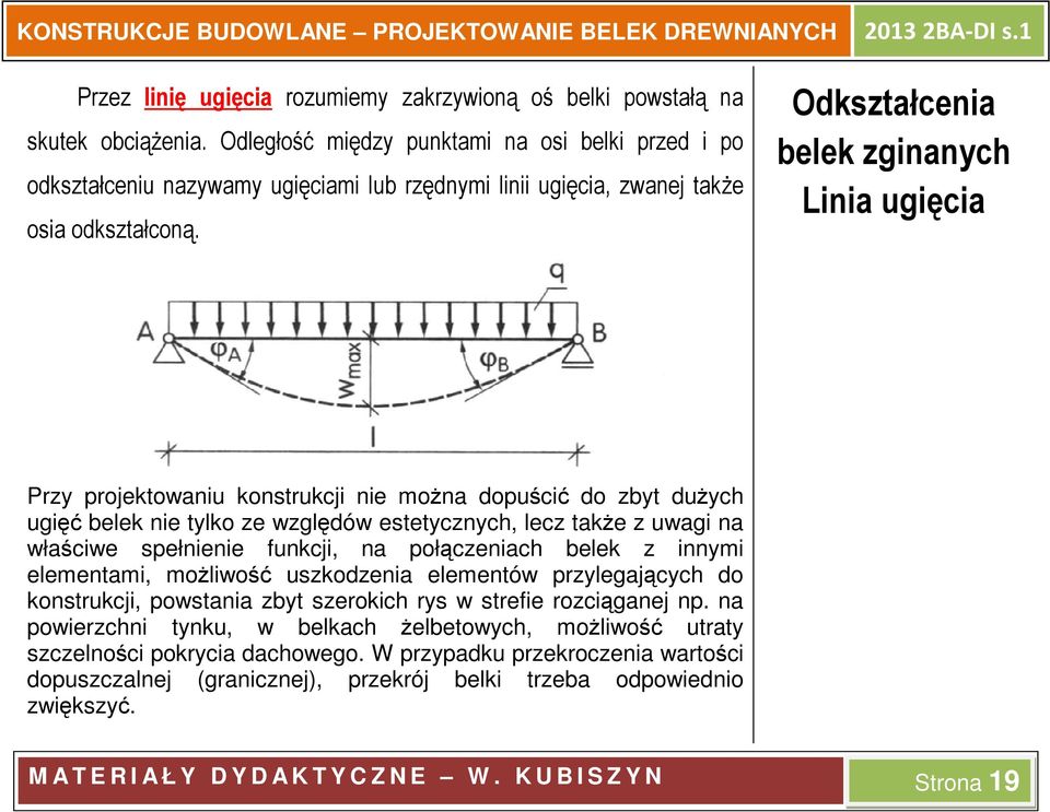 Odkształcenia belek zginanych Linia ugięcia Przy projektowaniu konstrukcji nie można dopuścić do zbyt dużych ugięć belek nie tylko ze względów estetycznych, lecz także z uwagi na właściwe spełnienie