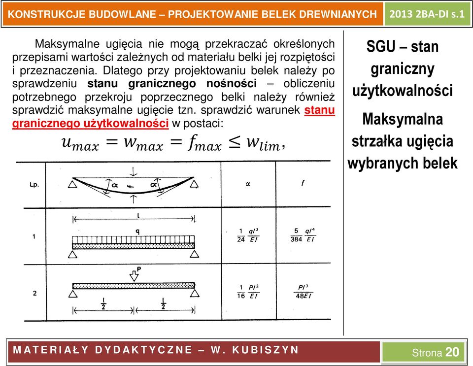 należy również sprawdzić maksymalne ugięcie tzn. sprawdzić warunek stanu granicznego użytkowalności w postaci: -./0 1./0 2./0!1 3.