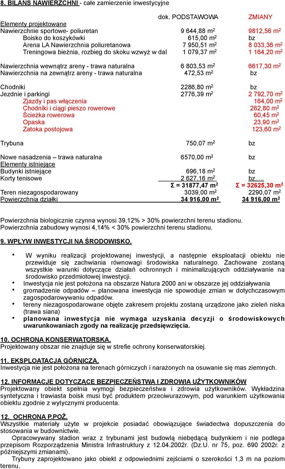 Treningowa bieżnia, rozbieg do skoku wzwyż w dal 1 079,37 m 2 1 164,20 m 2 Nawierzchnia wewnątrz areny - trawa naturalna 6 803,53 m 2 6617,30 m 2 Nawierzchnia na zewnątrz areny - trawa naturalna