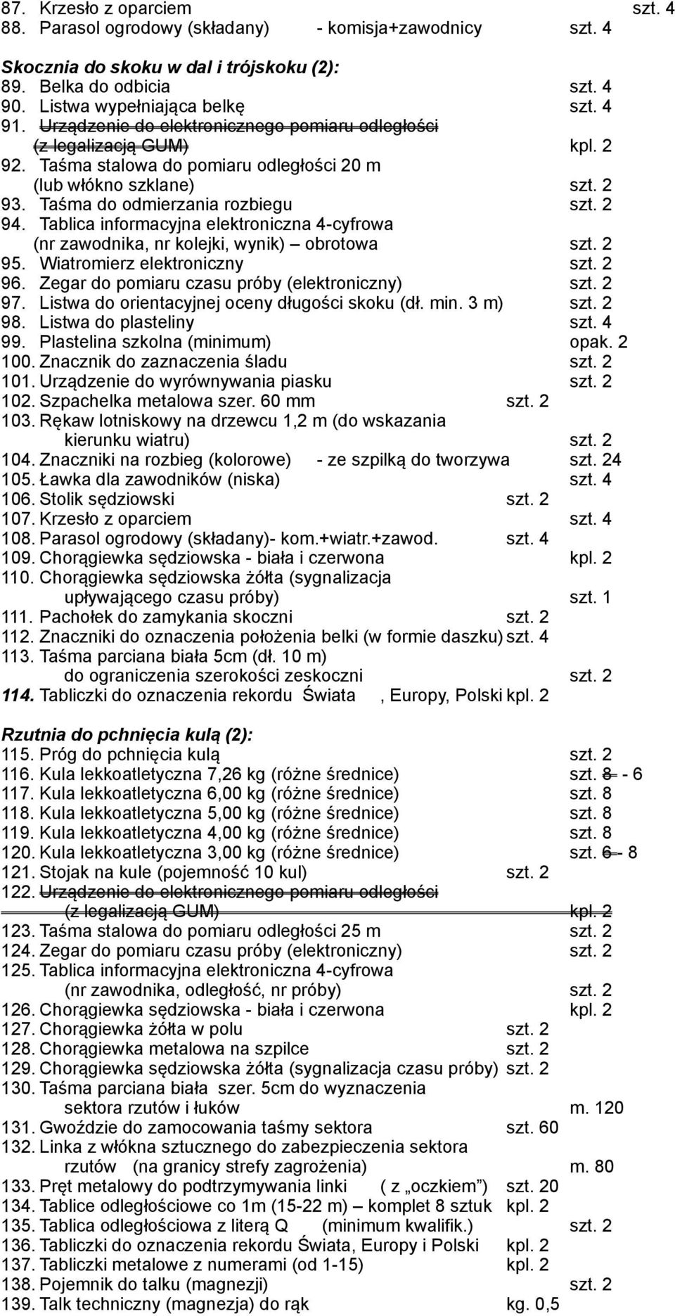 Tablica informacyjna elektroniczna 4-cyfrowa (nr zawodnika, nr kolejki, wynik) obrotowa szt. 2 95. Wiatromierz elektroniczny szt. 2 96. Zegar do pomiaru czasu próby (elektroniczny) szt. 2 97.