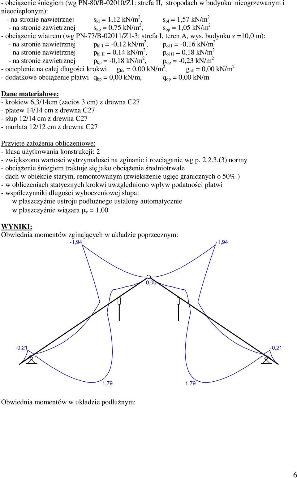 budynku z =10,0 m): - na stronie nawietrznej p kl I = -0,12 kn/m 2, p ol I = -0,16 kn/m 2 - na stronie nawietrznej p kl II = 0,14 kn/m 2, p ol II = 0,18 kn/m 2 - na stronie zawietrznej p kp = -0,18