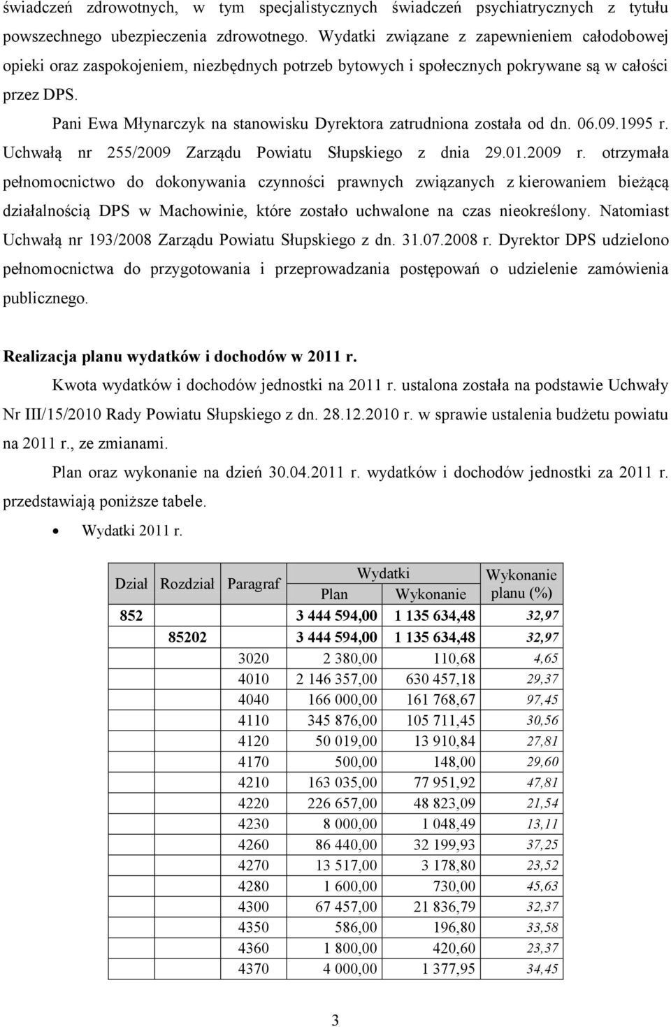 Pani Ewa Młynarczyk na stanowisku Dyrektora zatrudniona została od dn. 06.09.1995 r. Uchwałą nr 255/2009 Zarządu Powiatu Słupskiego z dnia 29.01.2009 r.