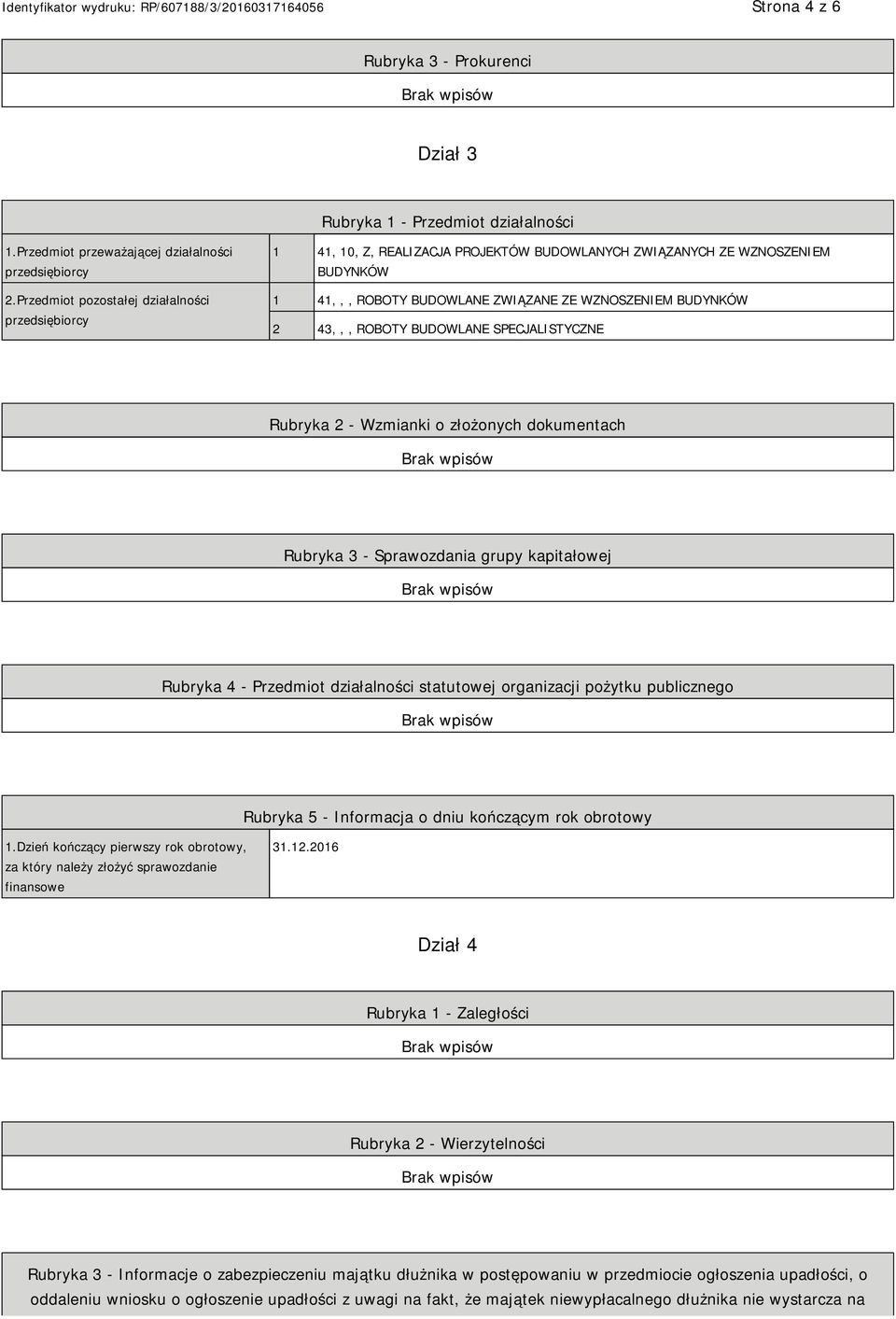 BUDOWLANE SPECJALISTYCZNE Rubryka 2 - Wzmianki o złożonych dokumentach Rubryka 3 - Sprawozdania grupy kapitałowej Rubryka 4 - Przedmiot działalności statutowej organizacji pożytku publicznego Rubryka