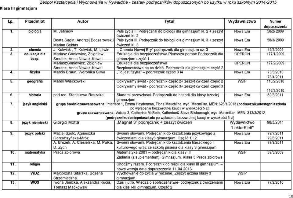 Podręcznik do biologii dla gimnazjum kl. 3 + zeszyt Nowa Era 58/3/ 2009 Marian Sęktas ćwiczeń kl. 3 2. 3. chemia edukacja dla J. Kulwiak, T. Kulwiak, M.