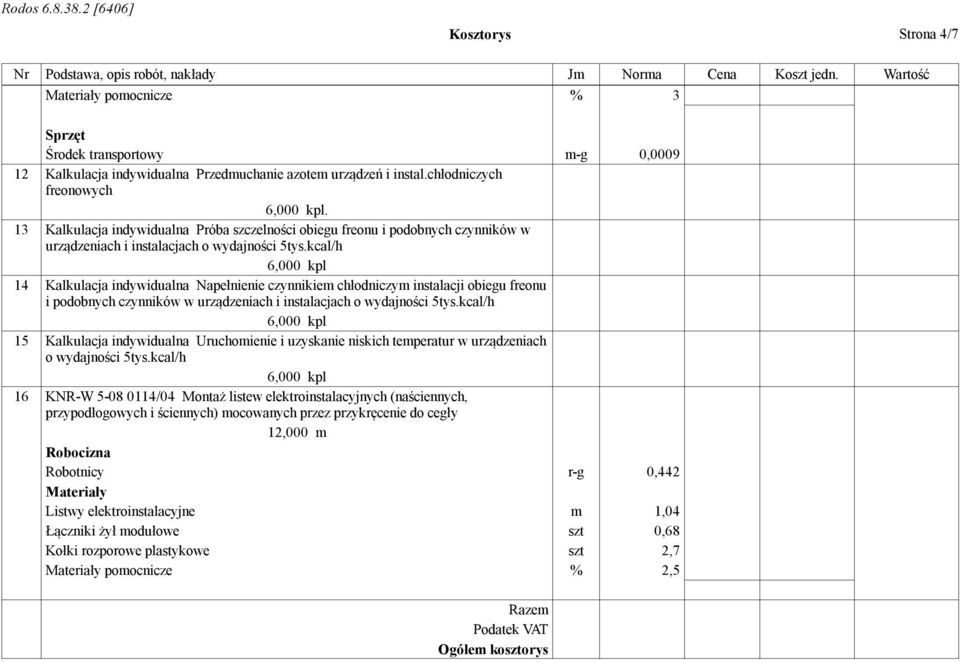 kcal/h 6,000 kpl 14 Kalkulacja indywidualna Napełnienie czynnikiem chłodniczym instalacji obiegu freonu i podobnych czynników w urządzeniach i instalacjach o wydajności 5tys.