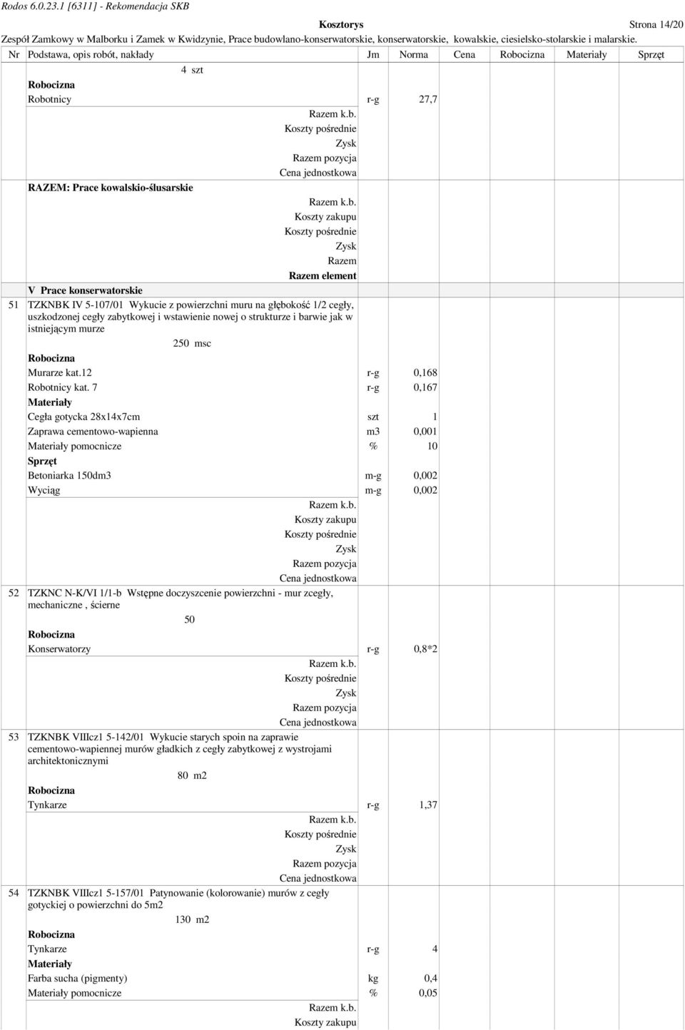 7 r-g 0,167 Cegła gotycka 28x14x7cm szt 1 Zaprawa cementowo-wapienna m3 0,001 pomocnicze % 10 Betoniarka 150dm3 m-g 0,002 Wyciąg m-g 0,002 52 TZKNC N-K/VI 1/1-b Wstępne doczyszcenie powierzchni - mur