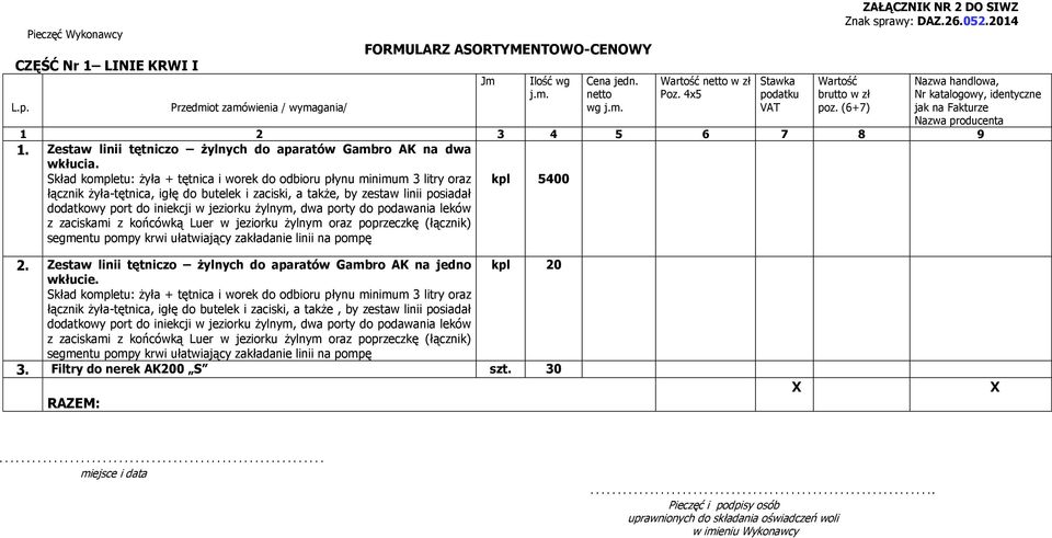 Zestaw linii tętniczo żylnych do aparatów Gambro AK na dwa wkłucia.