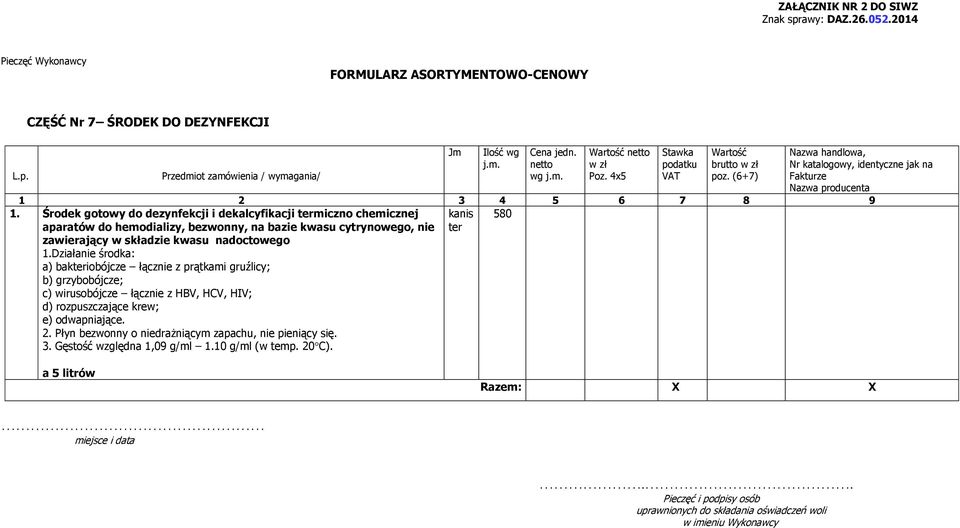 Środek gotowy do dezynfekcji i dekalcyfikacji termiczno chemicznej aparatów do hemodializy, bezwonny, na bazie kwasu cytrynowego, nie zawierający w składzie kwasu nadoctowego 1.