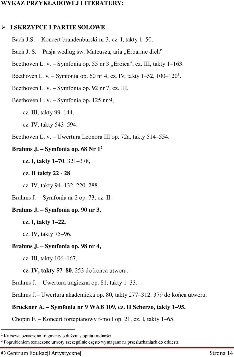 III, takty 99 144, cz. IV, takty 543 594. Beethoven L. v. Uwertura Leonora III op. 72a, takty 514 554. Brahms J. Symfonia op. 68 Nr 1 2 cz. I, takty 1 70, 321 378, cz. II takty 22-28 cz.