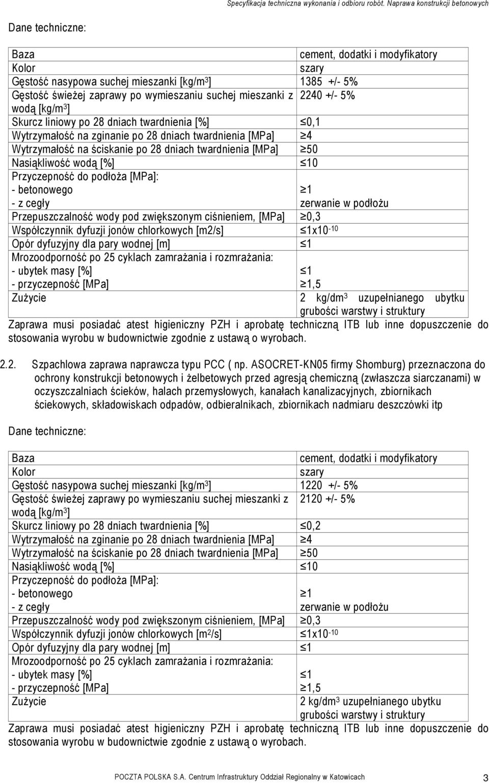 10 Przyczepność do podłoŝa [MPa]: - betonowego - z cegły 1 zerwanie w podłoŝu Przepuszczalność wody pod zwiększonym ciśnieniem, [MPa] 0,3 Współczynnik dyfuzji jonów chlorkowych [m2/s] 1x10-10 Opór
