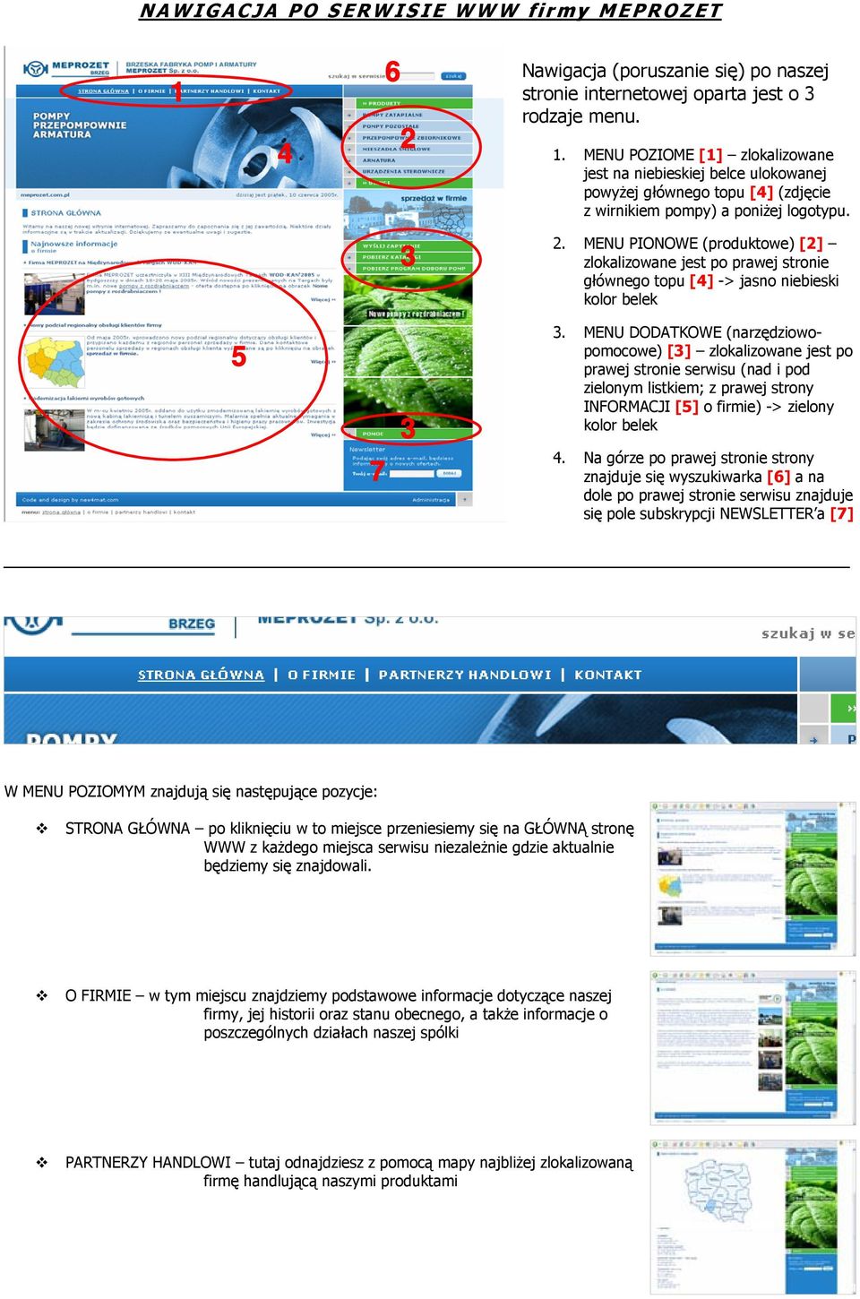 MENU DODATKOWE (narzędziowopomocowe) [3] zlokalizowane jest po prawej stronie serwisu (nad i pod zielonym listkiem; z prawej strony INFORMACJI [5] o firmie) -> zielony kolor belek 4.