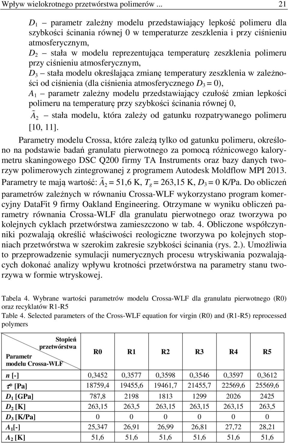 temperaturę zeszklenia polimeru przy ciśnieniu atmosferycznym, D 3 stała modelu określająca zmianę temperatury zeszklenia w zależności od ciśnienia (dla ciśnienia atmosferycznego D 3 = 0), A 1