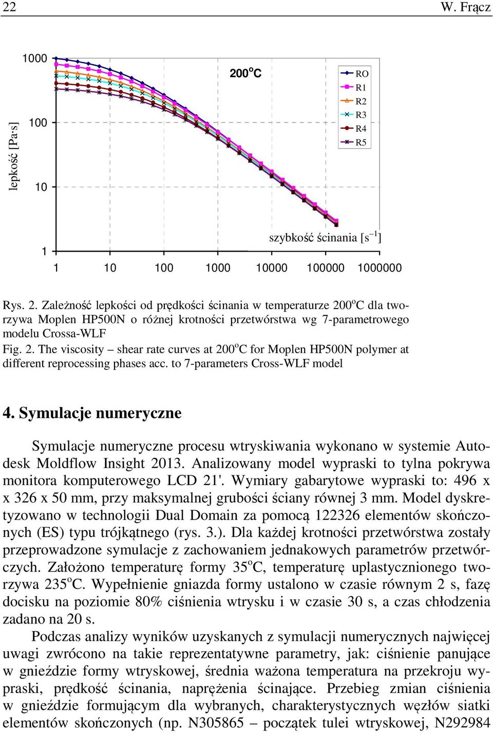 Zależność lepkości od prędkości ścinania w temperaturze 200 o C dla tworzywa Moplen HP500N o różnej krotności przetwórstwa wg 7-parametrowego modelu Crossa-WLF Fig. 2. The viscosity shear rate curves at 200 o C for Moplen HP500N polymer at different reprocessing phases acc.