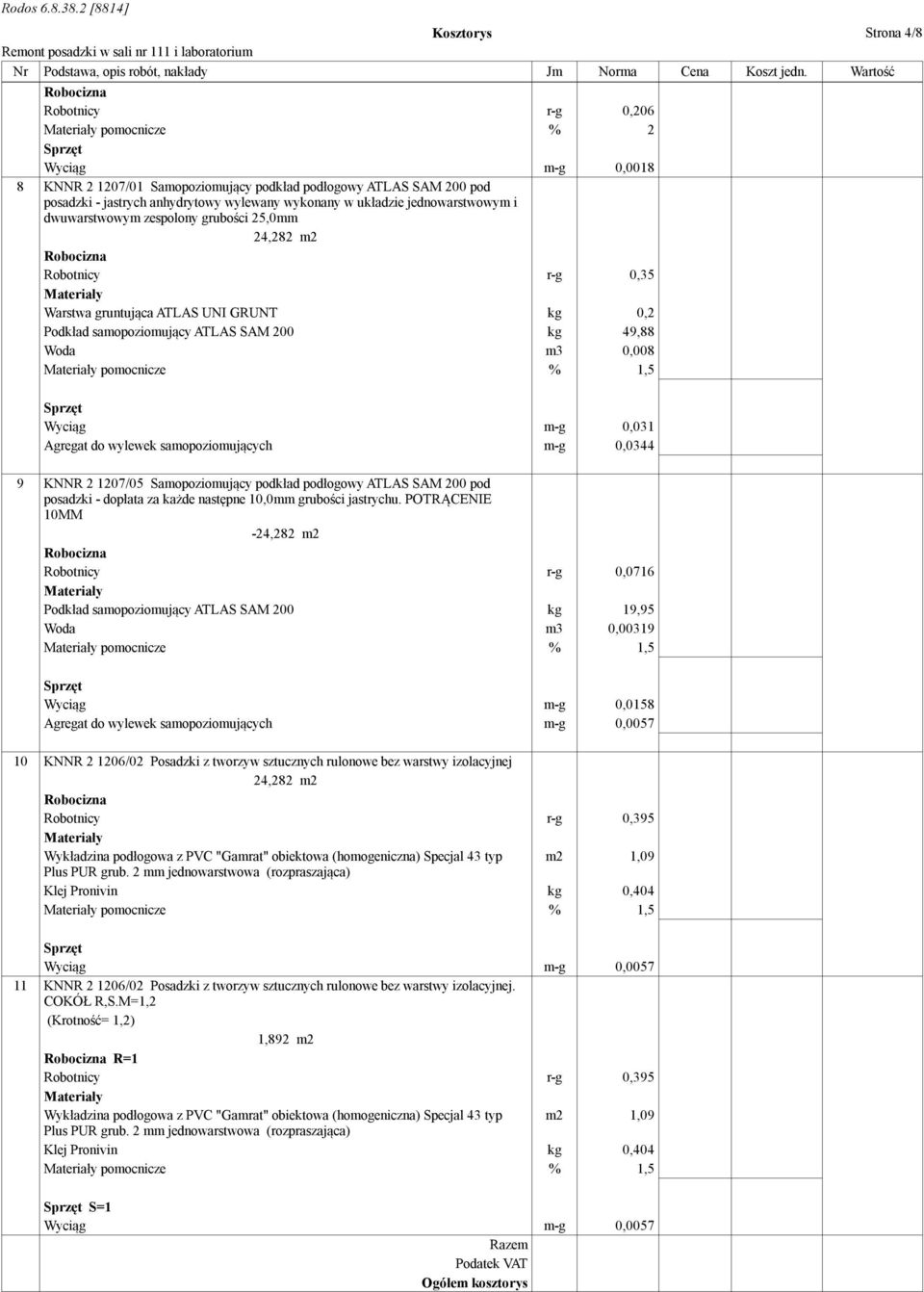 jednowarstwowym i dwuwarstwowym zespolony grubości 25,0mm 24,282 m2 Robotnicy r-g 0,35 Warstwa gruntująca ATLAS UNI GRUNT kg 0,2 Podkład samopoziomujący ATLAS SAM 200 kg 49,88 Woda m3 0,008 Wyciąg