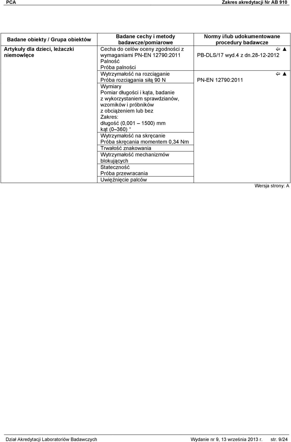 1500) mm kąt (0 360) Wytrzymałość na skręcanie Próba skręcania momentem 0,34 Nm Trwałość znakowania Wytrzymałość mechanizmów blokujących Stateczność Próba