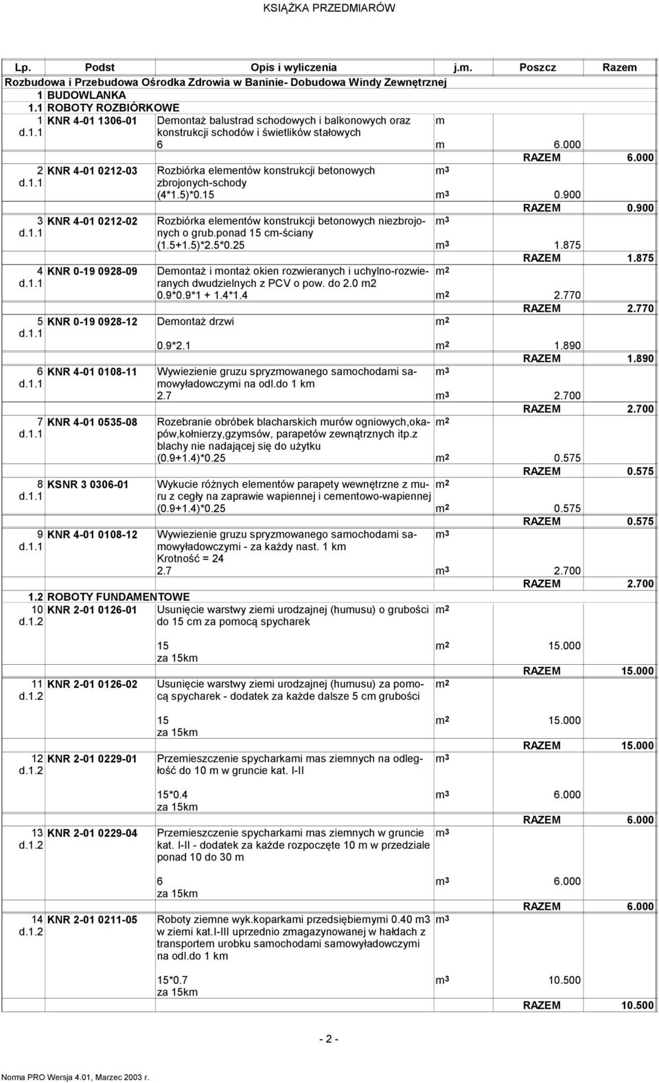 000 2 KNR 4-01 0212-03 Rozbiórka elemenów konsrukcji beonowych zbrojonych-schody (4*1.5)*0.15 0.900 RAZEM 0.900 3 KNR 4-01 0212-02 Rozbiórka elemenów konsrukcji beonowych niezbrojonych o grub.