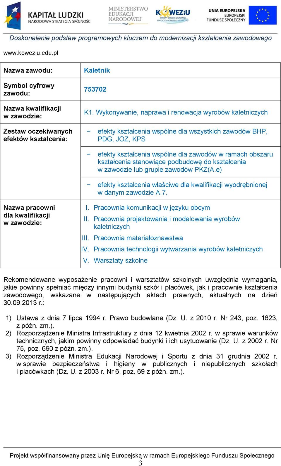 zawodów w ramach obszaru kształcenia stanowiące podbudowę do kształcenia w zawodzie lub grupie zawodów PKZ(A.e) efekty kształcenia właściwe dla kwalifikacji wyodrębnionej w danym zawodzie A.7.