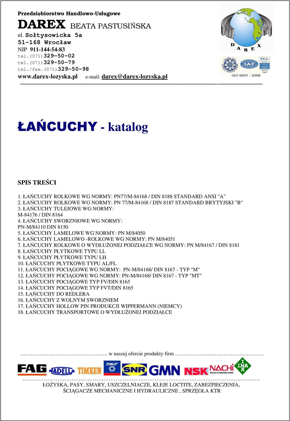 ŁAŃCUCHY ROLKOWE WG NORMY: PN 77/M-84168 / DIN 8187 STANDARD BRYTYJSKI "B" 3. ŁAŃCUCHY TULEJOWE WG NORMY: M-84176 / DIN 8164 4. ŁAŃCUCHY SWORZNIOWE WG NORMY: PN-M/84110 DIN 8150 5.