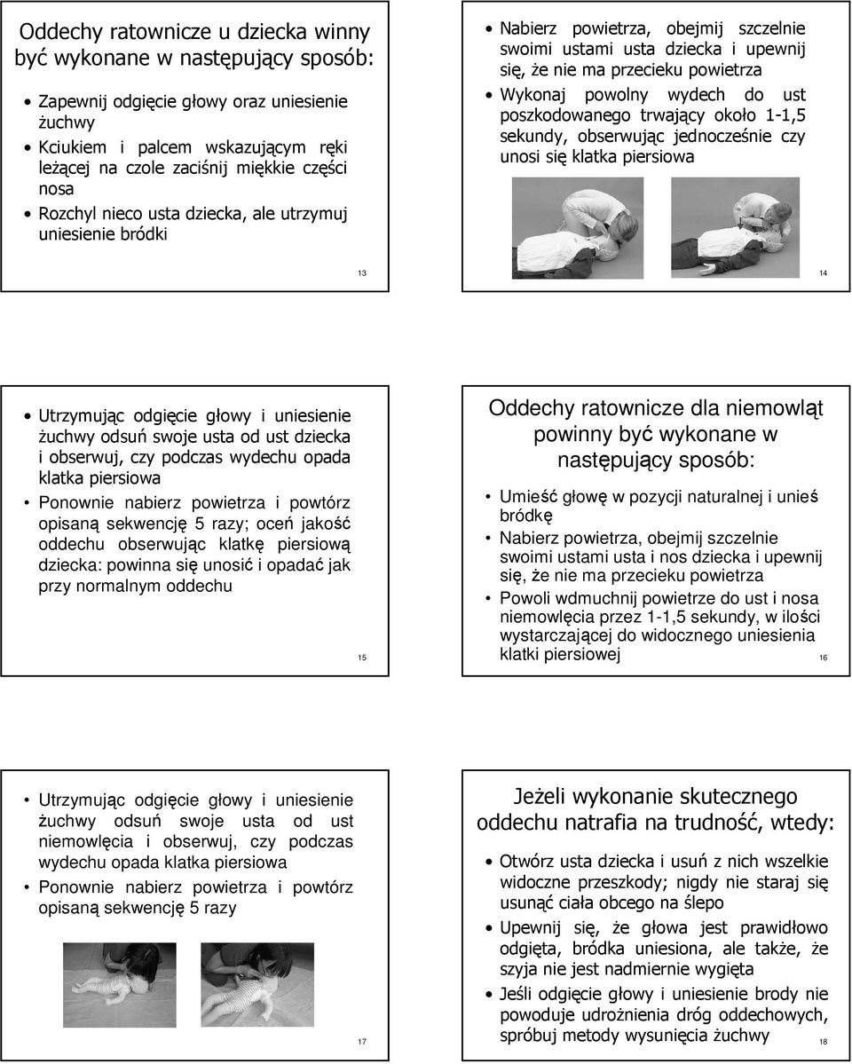 poszkodowanego trwający około 1-1,5 sekundy, obserwując jednocześnie czy unosi się klatka piersiowa 13 14 Utrzymując odgięcie głowy i uniesienie żuchwy odsuń swoje usta od ust dziecka i obserwuj, czy