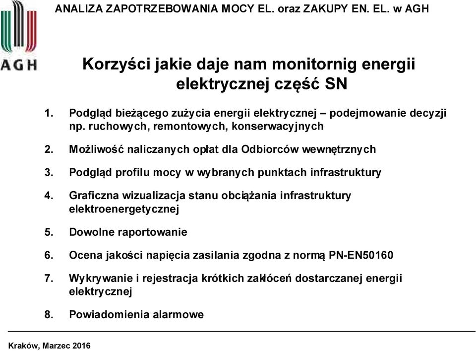 Podgląd profilu mocy w wybranych punktach infrastruktury 4. Graficzna wizualizacja stanu obciążania infrastruktury elektroenergetycznej 5.