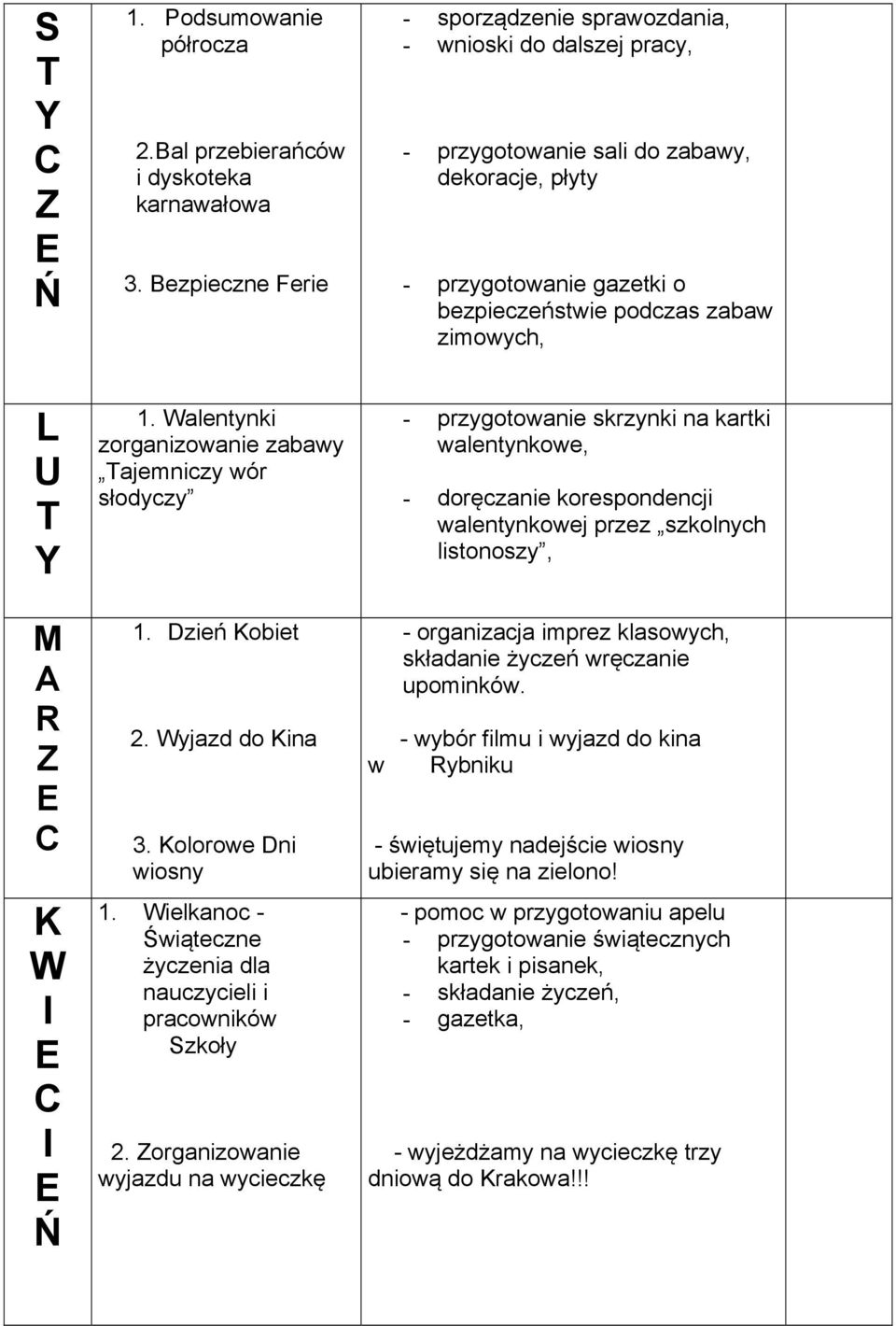 1. alentynki zorganizowanie zabawy ajemniczy wór słodyczy 1. zień Kobiet 2. yjazd do Kina 3. Kolorowe ni wiosny 1. ielkanoc - Świąteczne życzenia dla nauczycieli i pracowników Szkoły 2.