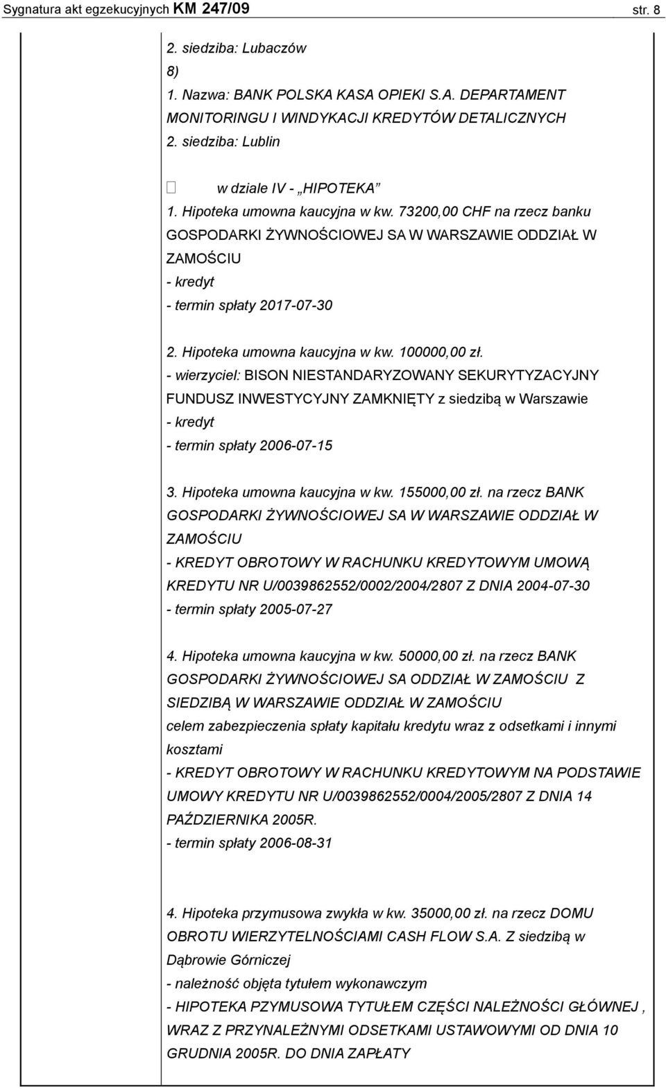 Hipoteka umowna kaucyjna w kw. 100000,00 zł. - wierzyciel: BISON NIESTANDARYZOWANY SEKURYTYZACYJNY FUNDUSZ INWESTYCYJNY ZAMKNIĘTY z siedzibą w Warszawie - kredyt - termin spłaty 2006-07-15 3.