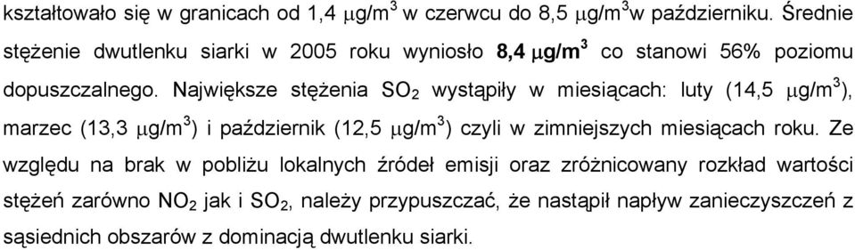 Największe stężenia SO 2 wystąpiły w miesiącach: luty (14,5 μg/m 3 ), marzec (13,3 μg/m 3 ) i październik (12,5 μg/m 3 ) czyli w zimniejszych