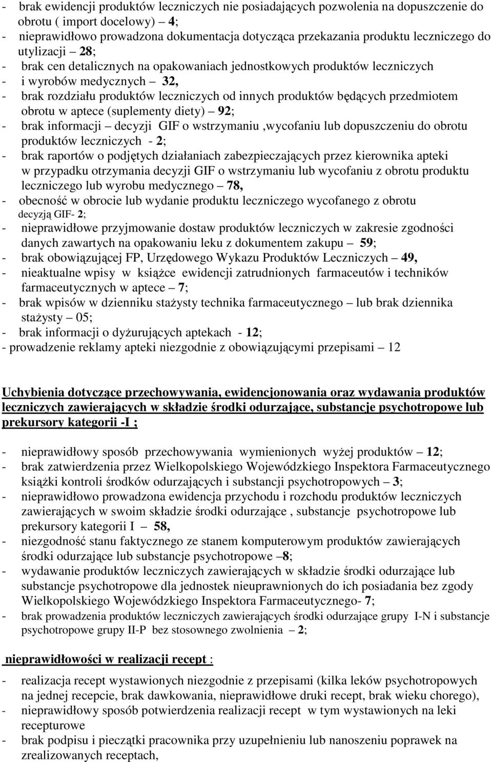 w aptece (suplementy diety) 92; brak informacji decyzji GIF o wstrzymaniu,wycofaniu lub dopuszczeniu do obrotu produktów leczniczych 2; brak raportów o podjętych działaniach zabezpieczających przez