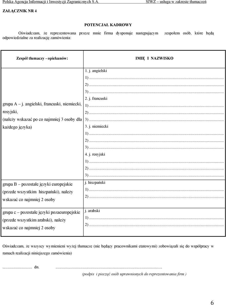 angielski, francuski, niemiecki, rosyjski, (należy wskazać po co najmniej 3 osoby dla każdego języka) grupa B pozostałe języki europejskie (przede wszystkim hiszpański), należy wskazać co najmniej 2