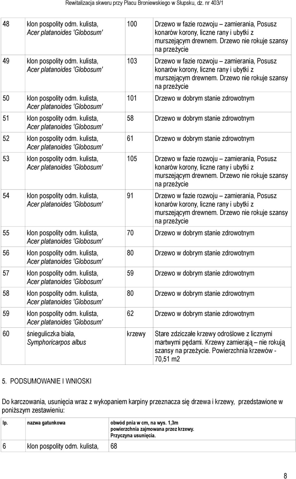 kulista, 60 śnieguliczka biała, Symphoricarpos albus 100 Drzewo w fazie rozwoju zamierania, Posusz 103 Drzewo w fazie rozwoju zamierania, Posusz 101 Drzewo w dobrym stanie zdrowotnym 58 Drzewo w