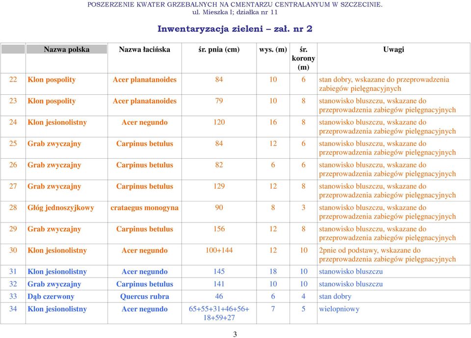 22 Klon pospolity Acer planatanoides 84 10 6 stan dobry, wskazane do przeprowadzenia 23 Klon pospolity Acer planatanoides 79 10 8 stanowisko bluszczu, wskazane do 24 Klon jesionolistny Acer negundo