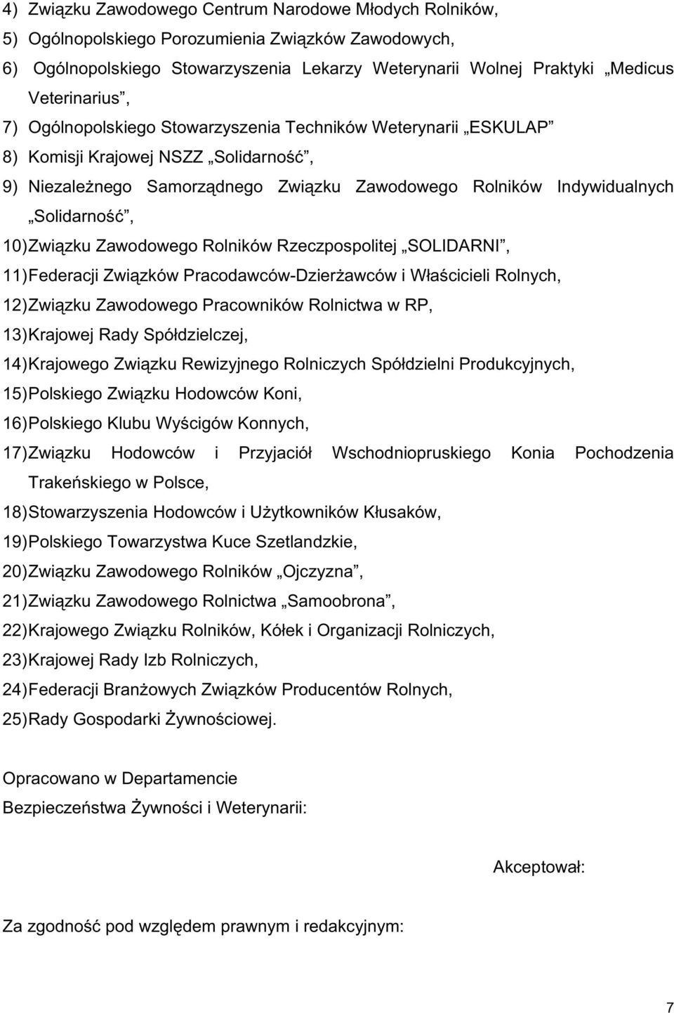 10) Zwi zku Zawodowego Rolników Rzeczpospolitej SOLIDARNI, 11) Federacji Zwi zków Pracodawców-Dzier awców i W a cicieli Rolnych, 12) Zwi zku Zawodowego Pracowników Rolnictwa w RP, 13) Krajowej Rady