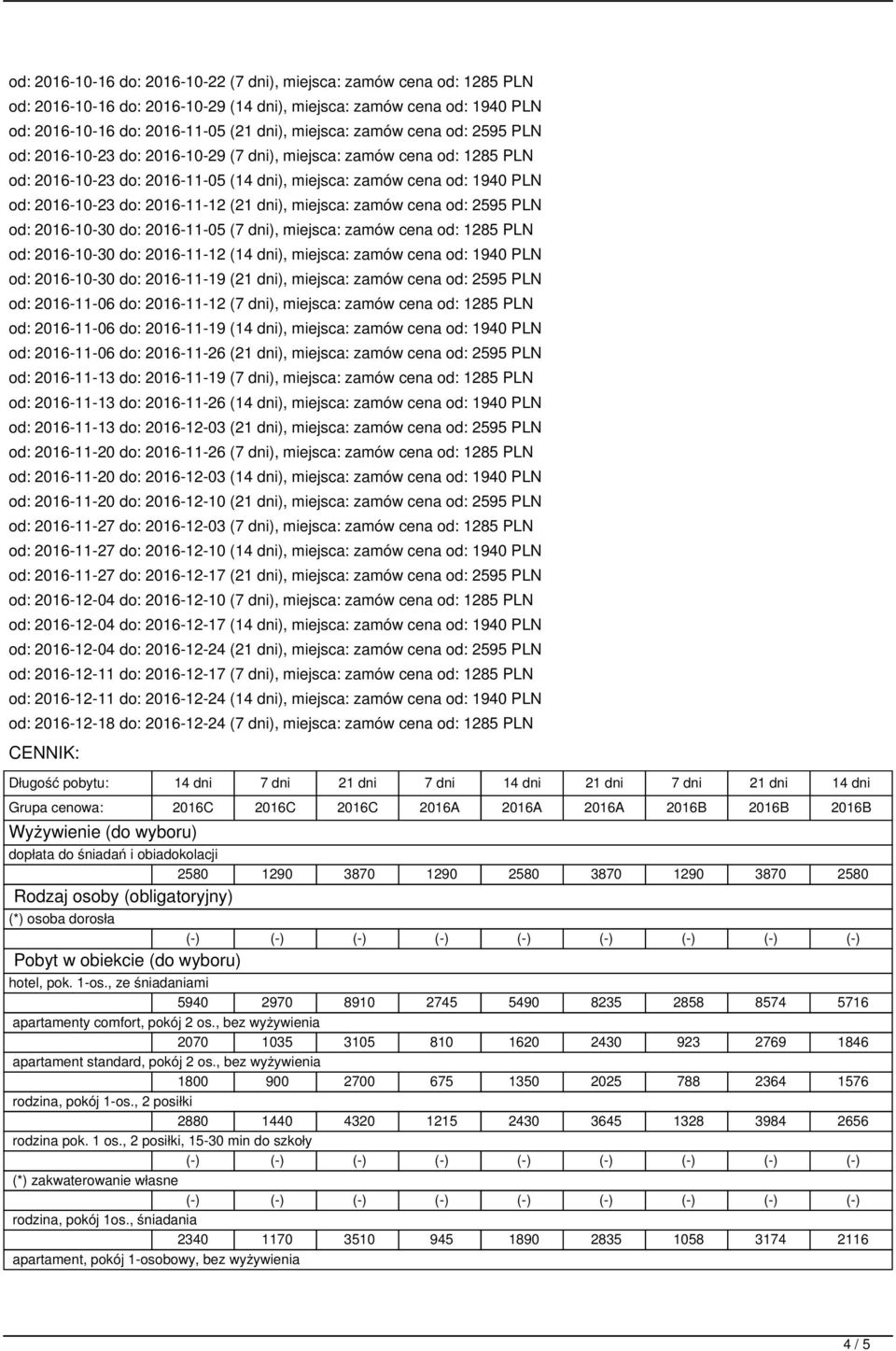 dni), miejsca: zamów cena od: 2595 PLN od: 2016-10-30 do: 2016-11-05 (7 dni), miejsca: zamów cena od: 1285 PLN od: 2016-10-30 do: 2016-11-12 (14 dni), miejsca: zamów cena od: 1940 PLN od: 2016-10-30