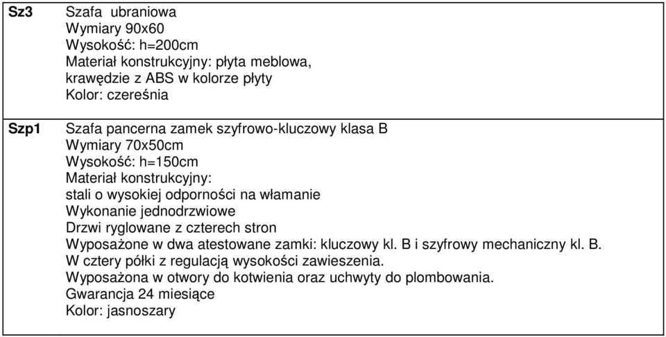 czterech stron WyposaŜone w dwa atestowane zamki: kluczowy kl. B i szyfrowy mechaniczny kl. B. W cztery półki z regulacją wysokości zawieszenia.