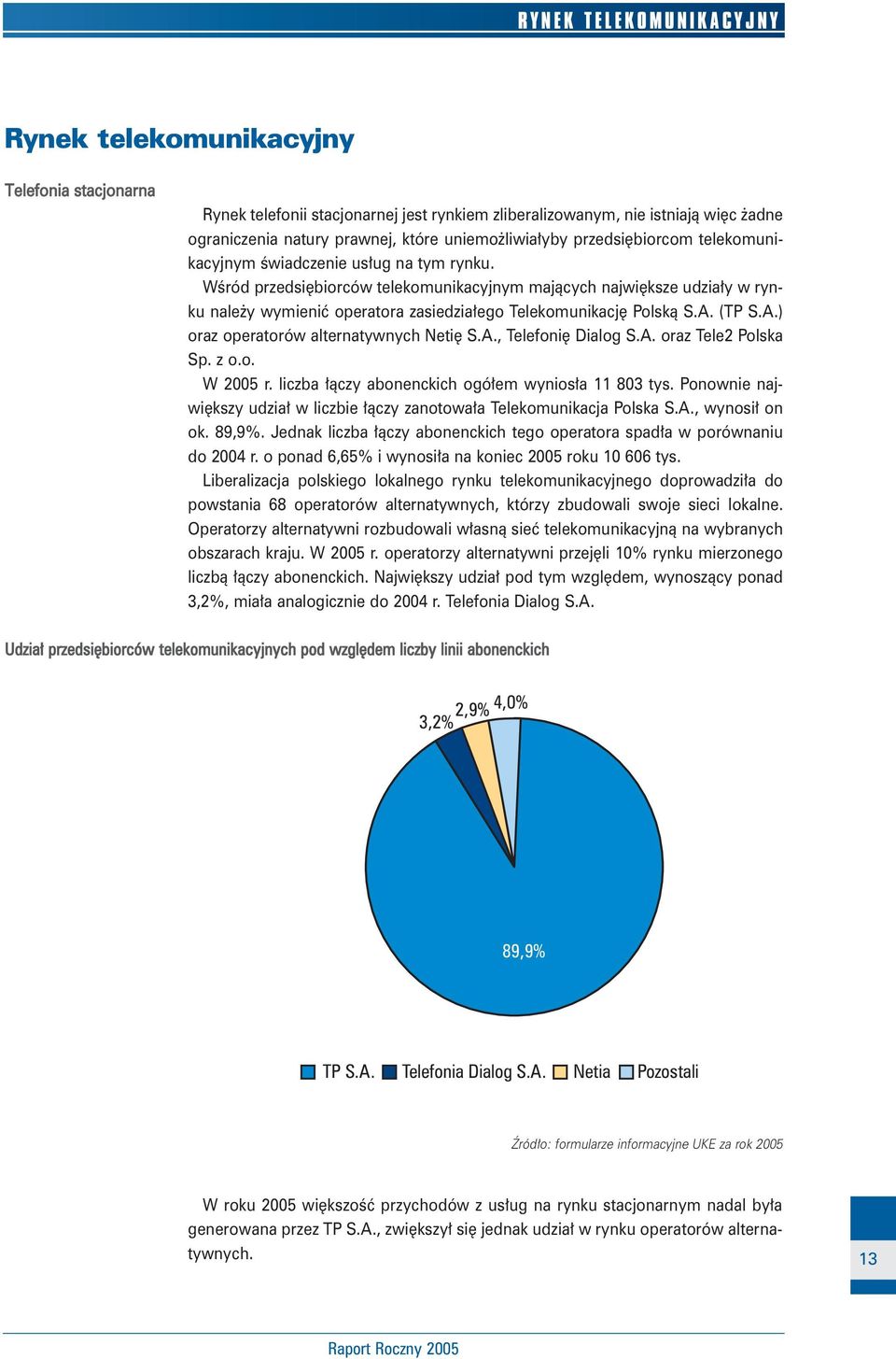 WÊród przedsi biorców telekomunikacyjnym majàcych najwi ksze udzia y w rynku nale y wymieniç operatora zasiedzia ego Telekomunikacj Polskà S.A. (TP S.A.) oraz operatorów alternatywnych Neti S.A., Telefoni Dialog S.