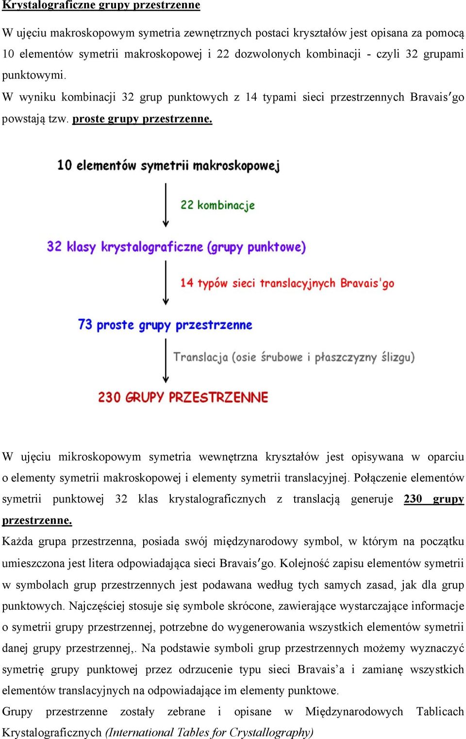 W ujęciu mikroskopowm smetria wewnętrna krstałów jest opiswana w oparciu o element smetrii makroskopowej i element smetrii translacjnej.