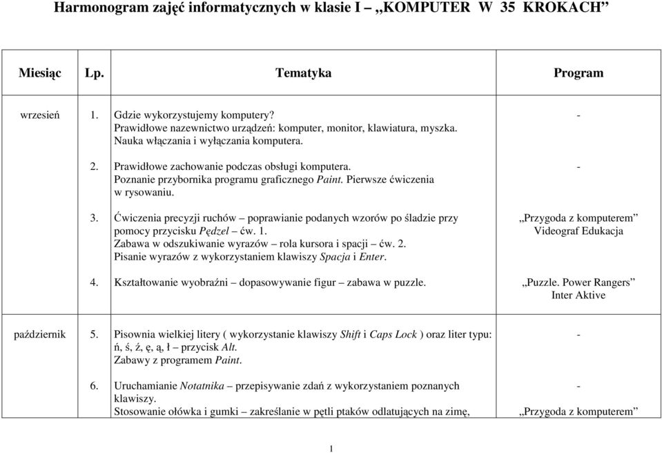 Poznanie przybornika programu graficznego Paint. Pierwsze ćwiczenia wrysowaniu. Ćwiczenia precyzji ruchów poprawianie podanych wzorów po śladzie przy pomocy przycisku Pędzel ćw. 1.