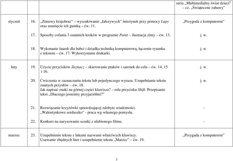 luty 19. 20. Użycie przycisków Zaznacz skierowanie ptaków i sarenek do celu ćw. 14, 15 i 16. Ćwiczenia w zaznaczaniu tekstu lub pojedynczego wyrazu. Uzupełnianie tekstu znanych przysłów ćw. 18.