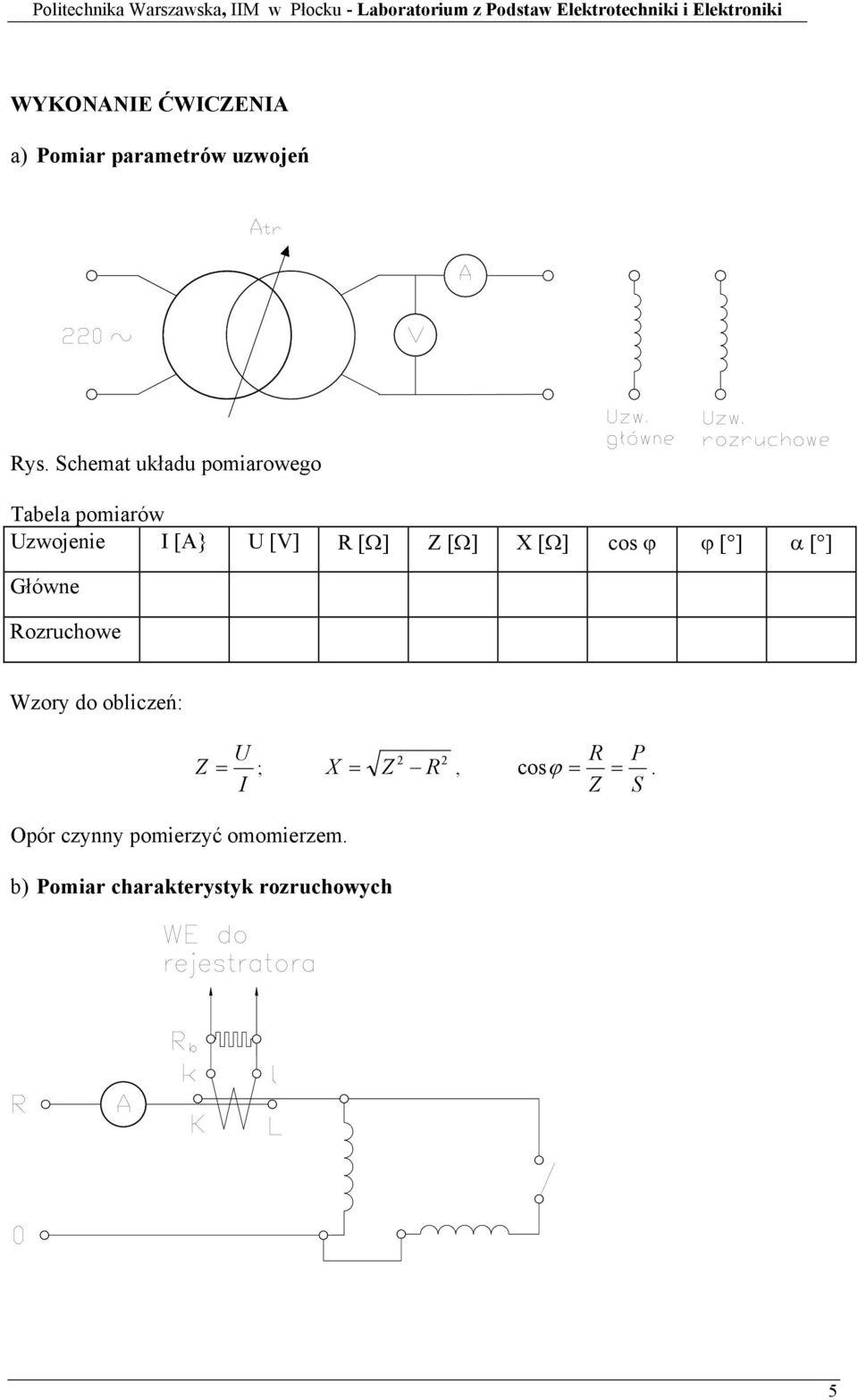 X [Ω] cos ϕ ϕ [ ] α [ ] Główne Rozruchowe Wzory do obliczeń: U Z = ; I X 2 2